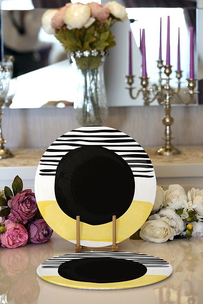 Realhomes 2-Piece Abstract Style Digital Printed Decorative Round Plate & Placemat with Onedraw Drawing