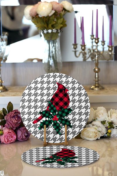 Realhomes 2-Piece Plaid Bird Leaf Design Digital Printed Modern Round Plate & Placemat
