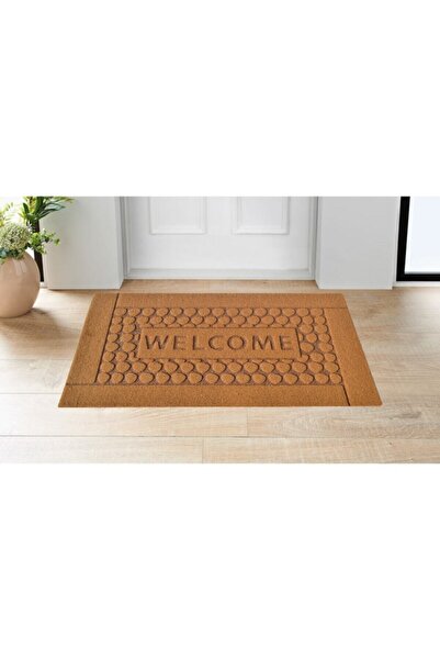 GizHome Parga Kaymaz Taban Kapı Paspası 40x75 Kahve Welcome Taş