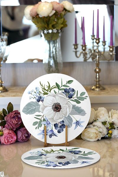 Realhomes 2-Piece White Rose Design Digital Printed Decorative Round Charger & Placemat