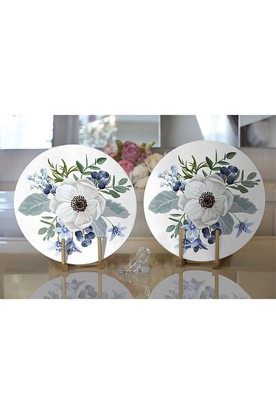 Realhomes 2-Piece White Rose Design Digital Printed Decorative Round Charger & Placemat