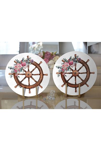 Realhomes 2-Piece White Floor Plain Rudder Design Digital Printed Modern Round Plate & Placemat