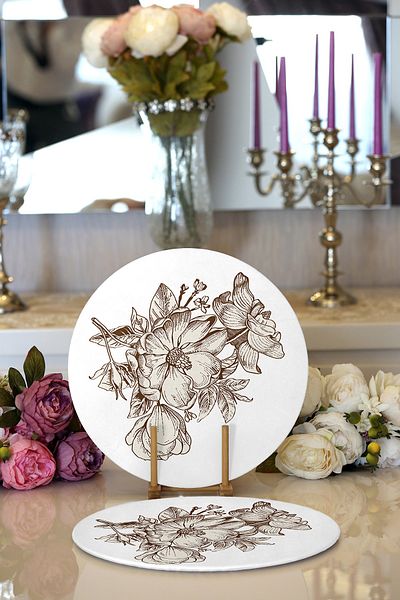 Realhomes 2-Piece Charcoal Flower Patterned Digital Printed Modern Round Charcoal & Placemat