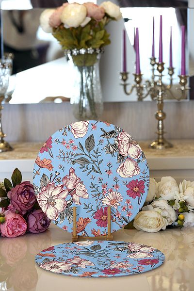 Realhomes 2-Piece Blue Floor Daisy & Rose Design Digital Printed Modern Round Charger & Placemat