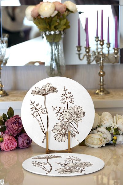 Realhomes 2-Piece Charcoal Flower Patterned Digital Printed Decorative Round Charcoal & Placemat