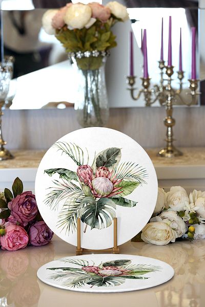 Realhomes 2-Piece Tropical Leaf Design Digital Printed Decorative Round Plate & Placemat