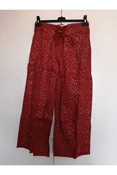 Butik Tülin Otantik Pamuk Kırmızı El Baskı Bronz Desenli El Işi Pul Nakışlı Ş...
