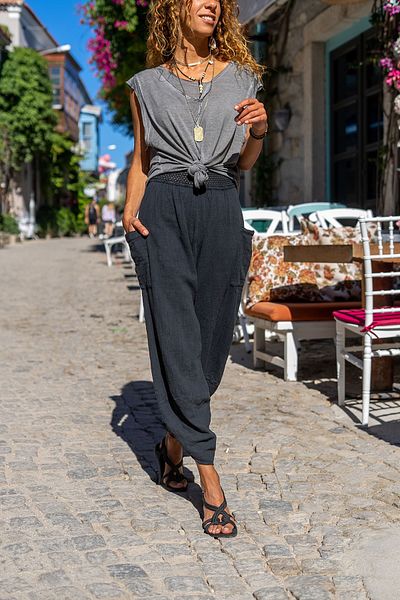 Güneşkızı Pantaloni Shalwar pentru femei, negri, spălat, cu buzunare, talie elastică GK-CCK58048ND