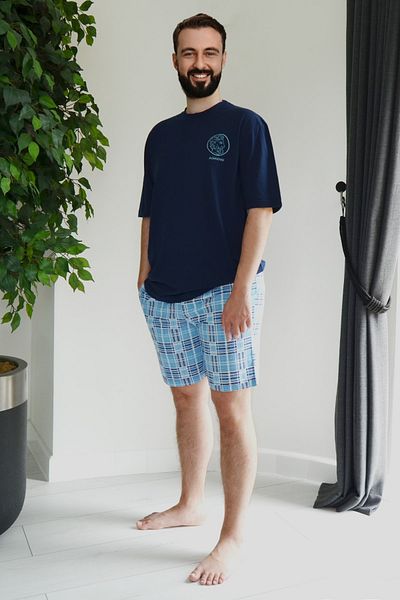Nur Aka by Nurteks Men's Medallion Printed Navy Blue Large Size Cotton Pajama Set