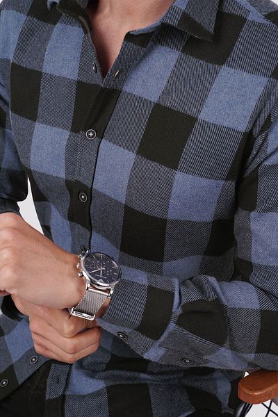 Etikmen Blau-schwarzes Slimfit-Holzfällerhemd mit Schachbrettmuster und Geschenkbox