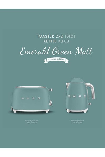 SMEG 50's Style Special Edition Matte Emerald Green Kettle and 1x2 Toaster Set