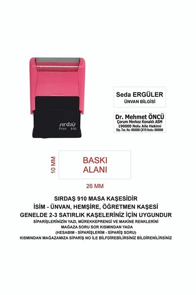 Sırdaş 910 Name Title Stamp - Neon Pink Stamp, Black Ink
