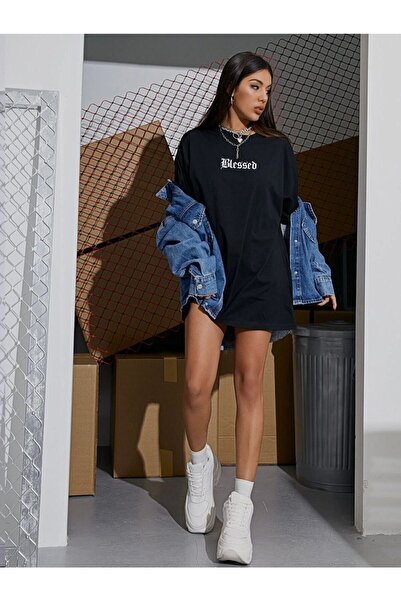 blackjack giyim Blackjackgiyim Siyah Blessed Baskılı Oversize Tshirt