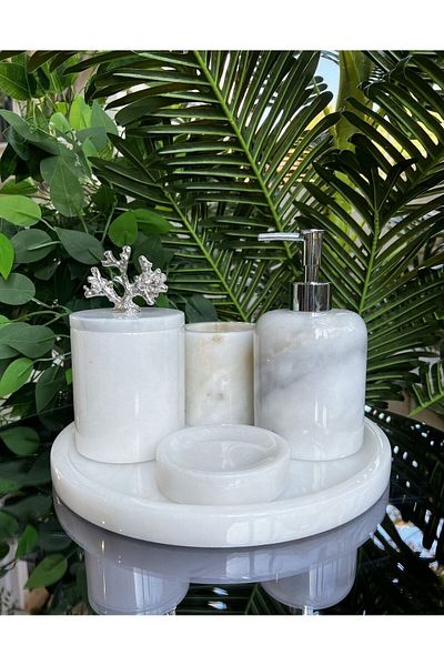 ege gross 5-Piece White Silver Bathroom Set - 100% Natural Marble