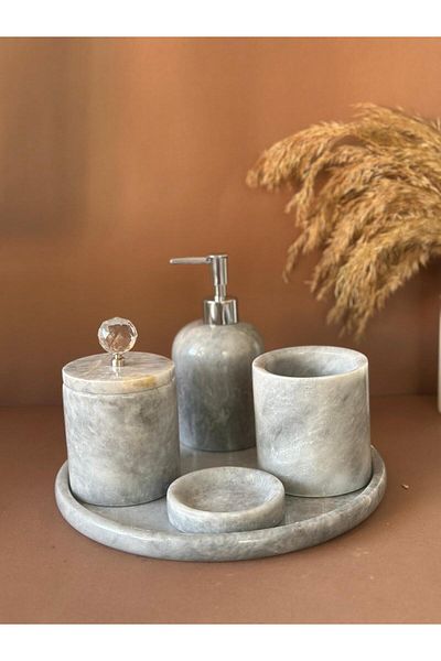 ege gross Decorative Natural Gray Marbroom Accessory 5 Pieces Marbroom Bathroom Set / Marbroom Bathroom Set