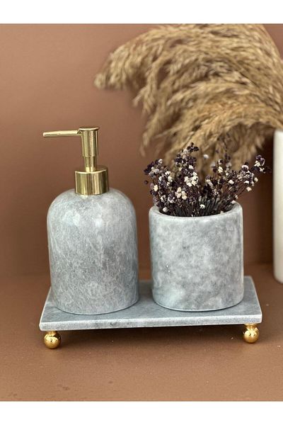 ege gross Decorative Natural Gray Marbroom Accessory 3 Pieces Marbroom Bathroom Set / Marbroom Bathroom Set
