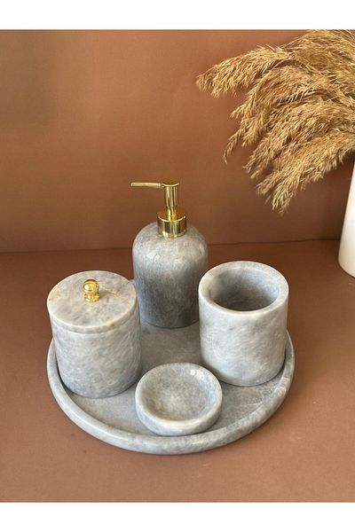 ege gross Decorative Natural Gray Marbroom Accessory 5 Pieces Marbroom Bathroom Set / Marbroom Bathroom Set