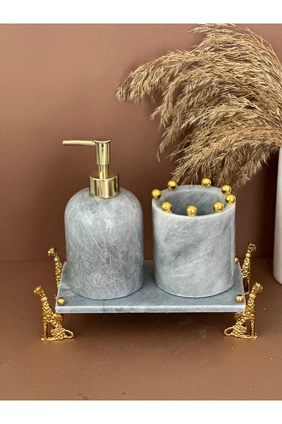 ege gross Decorative Natural Gray Marbroom Accessory 3 Pieces Marbroom Bathroom Set / Marbroom Bathroom Set