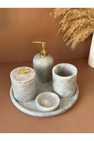 ege gross Decorative Natural Gray Marbroom Accessory 5 Pieces Marbroom Bathroom Set / Marbroom Bathroom Set