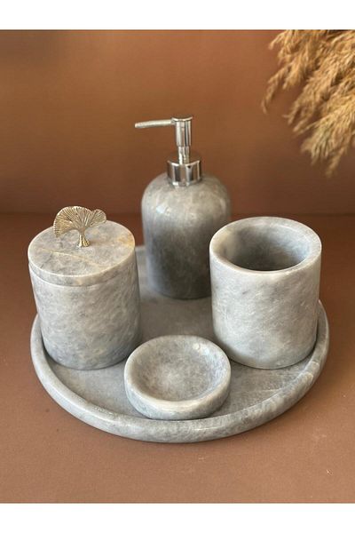 ege gross Decorative Natural Gray Marbroom Accessory 5 Pieces Marbroom Bathroom Set / Marbroom Bathroom Set