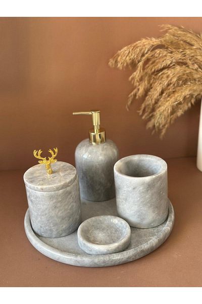 ege gross Decorative Natural Gray Marbroom Accessory 5 Pieces Marbroom Bathroom Set / Marbroom Bathroom Set