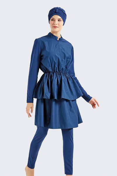 C&City Vollständig bedeckter 4-teiliger plissierter Hijab-Badeanzug C14122 Marineblau