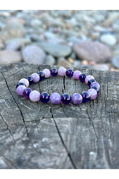 Gökçeada Certified 8 mm Natural Stone Amethyst - Micachist Stone Men's Women's Bracelet