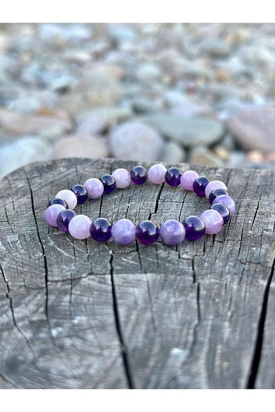 Gökçeada Certified 8 mm Natural Stone Amethyst - Micachist Stone Men's Women's Bracelet