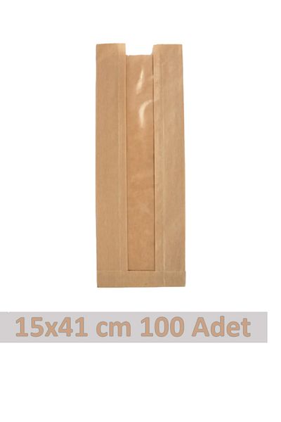 OLİ Art 15x41cm Kraft Paper Bag with Window - 100 Pieces Side Gusset Packaging Gift Package