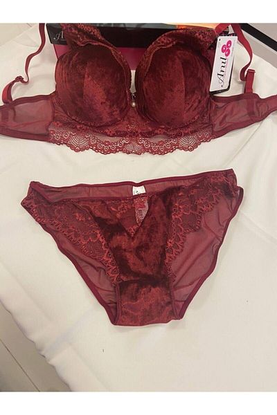 Anıl Set sutien din catifea pentru femei Claret Red 4805