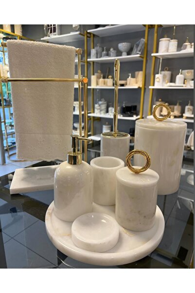 ege gross DEKORATİF DOĞAL BEYAZ MERMER / AKSESUAR DETAYLI 8Lİ MERMER BANYO SETİ /MERMER BANYO TAKIMI