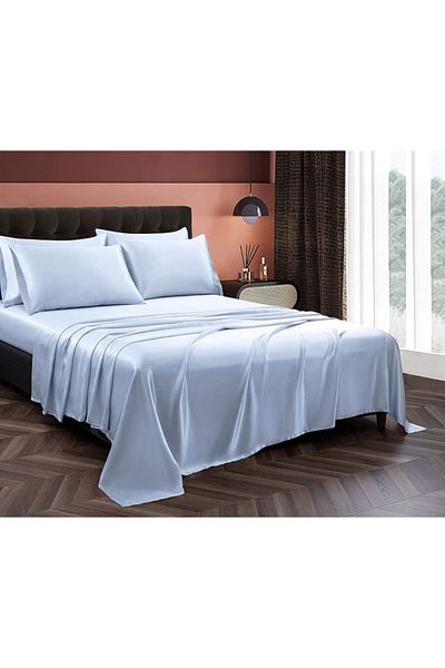 Tinybabyconcept Set cuvertură de pilota dublă din satin de bumbac 4 bucăți mătase texturată albastru 160x220 cm cearșaf elastic