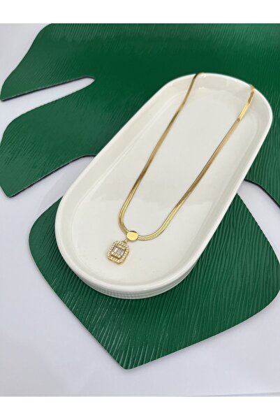 Gess Baget Taşlı Italyan Zincir Paslanmaz Kararmaz Altın Kaplama Çelik Kolye (42-47CM AYARLANABİLİR)