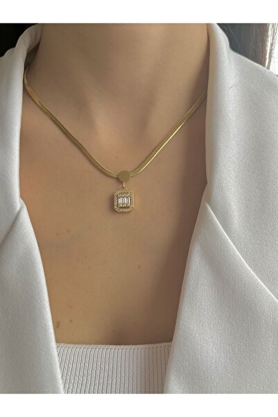 Gess Baget Taşlı Italyan Zincir Paslanmaz Kararmaz Altın Kaplama Çelik Kolye (42-47CM AYARLANABİLİR)