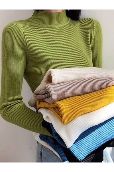 Choice Autumn-Winter Vintage Themed Women's Sweater - Mock Neck, Knitted Basic Solid Color, Casual Slim Pullover