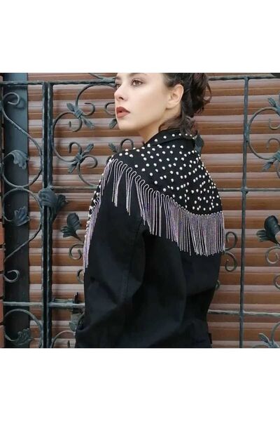 Kısmetin Butiği Women's BLACK drop Detailed Chain Denim Jacket MAKE UP THE DIFFERENCE