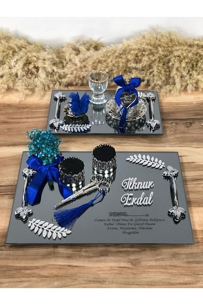 Aker Hediyelik Dark Blue Detailed 2-Piece Engagement Tray Set
