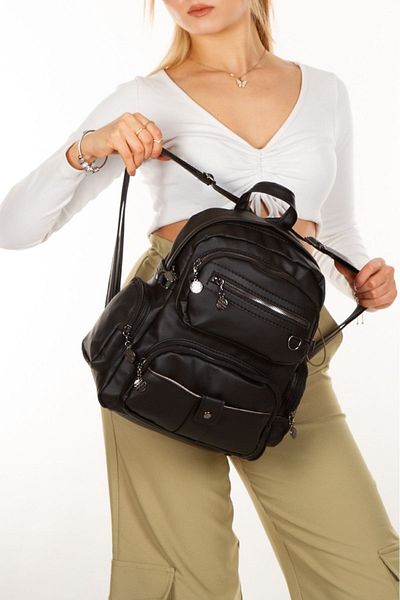 Halk Sepeti Black Leather Women's Backpack - Shoulder Bag