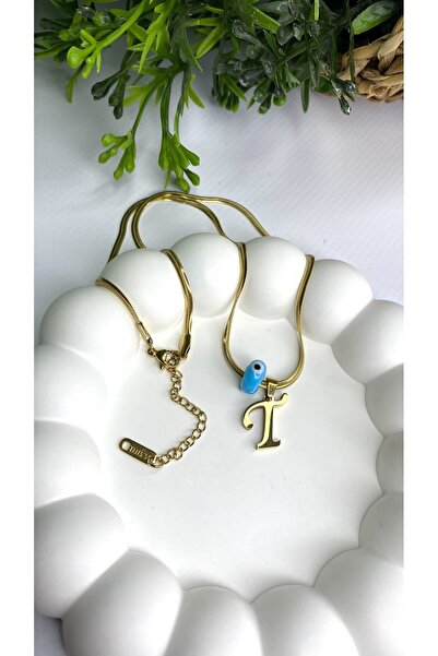 JustGAF Altın / Gold Renk İtalyan Zincir Mavi Boncuk 40 Cm T Harfli Çelik Kolye