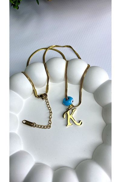 JustGAF Gold / Gold Color Italian Chain Blue Bead 40 Cm K Letter Steel Necklace