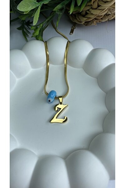 JustGAF سلسلة إيطالية ذهبية / ذهبية اللون خرز أزرق 40 سم قلادة من الفولاذ بحرف Z