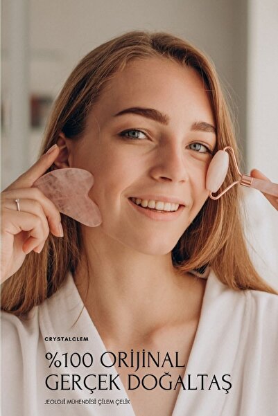 Crystalclem Pembe Kuvars Doğal Taş Gua Sha Ve Roller Masaj Aleti Seti %100 Gerçek Doğal Taş Onay Belgeli
