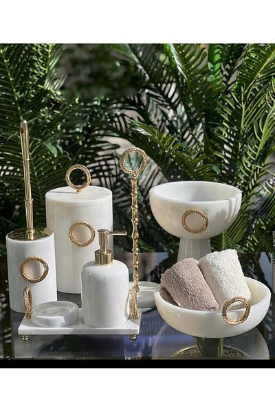 ege gross Decorative Natural White Marbroom Gold Shiny Accessory Detail Marbroom Bathroom Set Set of 8