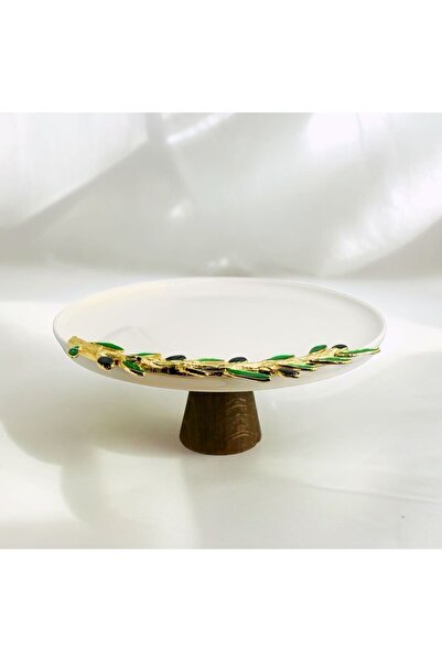 iQey Home طبق تقديم بورسلين بأرجل خشبية بتفاصيل زيتونية مقاس 26 سم