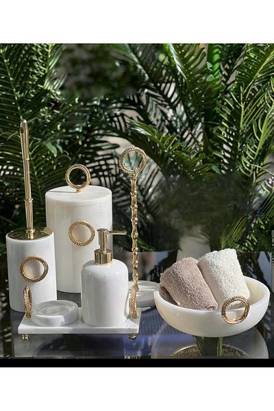 ege gross Decorative Natural White Marbroom Gold Shiny Accessory Detail Marbroom Bathroom Set Set of 7