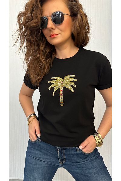 Moda Pena Black Oalmia Stone Patterned T-shirt