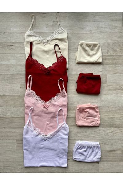 VicTroy 4 Pieces of Burgundy, White, Pink and Ecru Colored String Strap, Bow and Lace (Panty Gift) Undershirt