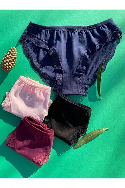 VicTroy Lacy 4-Piece Cotton Salmon, Navy Blue, Black and Purple Color Triangle Slip Women's Panties