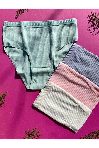 Freya Boutique Women's 4-Piece Cotton Ribbed Triangle Slip Panties in Pink, Ecru, Green and Light Blue