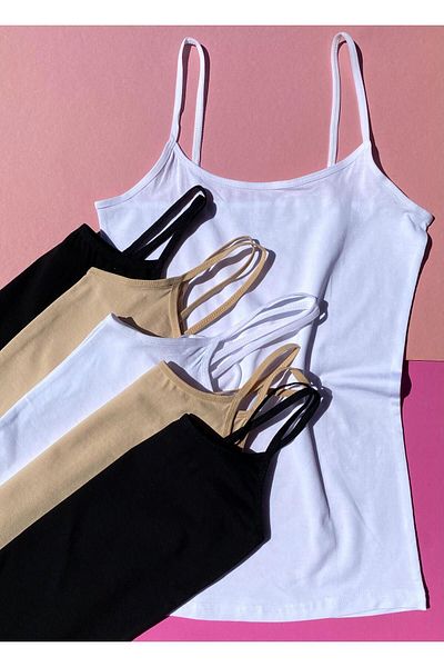 Ahmio Black and Tan Colored 4-Piece Cotton Basic Women's Undershirt - With Rope Strap